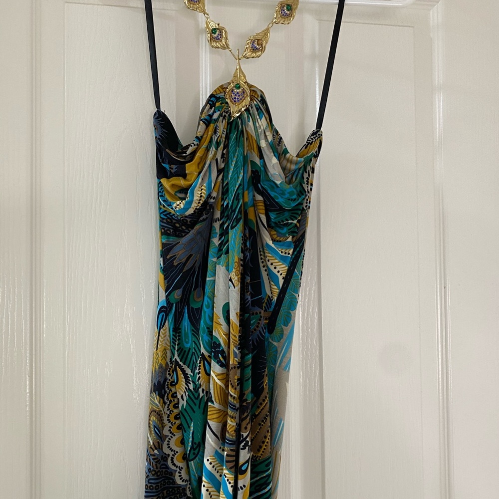 Sky peacock print mini dress silk size Small